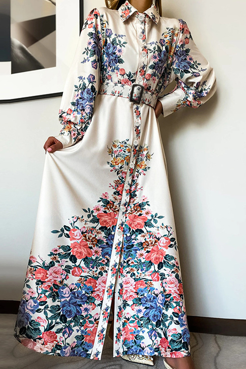 Print Turndown Collar Waist Skirt Dresses Sai Feel