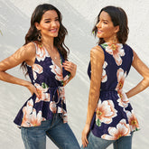 Print V-neck Tie Ruffle Hem Tie Vest Sai Feel