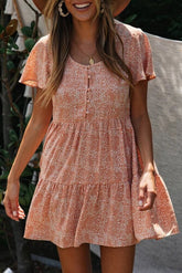 Printed Drop Waist Fluted Hem Dress Sai Feel