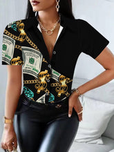 Printed Lapel Button Short Sleeve Blouse Sai Feel