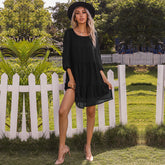 Pure Color Round Neck Stitching Lace Pleated Dress Sai Feel