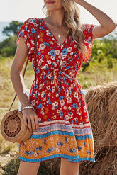 Red Floral Flare Sleeve Bow-Tie Front Mini Dress Sai Feel
