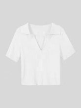 Retro lapel knit short sleeve v-neck trim short crop T-shirt Sai Feel