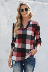 Roll-Up Long Sleeve Plaid Shirt Tops Casual V Neck Pullover Tunic Blouses Sai Feel