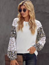 Round Neck Color Block Leopard Print Long Sleeves Elastic Cuff Top Sai Feel