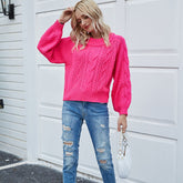 Round Neck Pullover Ladies Knit Sweater Cable Long Sleeve Loose Sweater Top Sai Feel