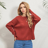 Round Neck Pullover Ladies Sweater Solid Color Long-sleeved Sweater Solid Rib-Knit Drop Shoulder Sweater Sai Feel