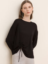Round collar loose pleated thread long sleeve crop top Sai Feel