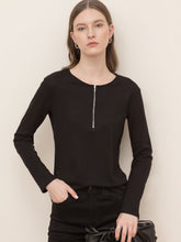 Round neck zipper solid color long-sleeved loose crop top Sai Feel