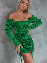 Ruched Drawstring Front Square Neck Gigot Sleeve Bodycon Dress Sai Feel