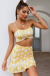 Ruched Front Shirred Back Ditsy Floral Cami Top & Split Skirt Set Sai Feel