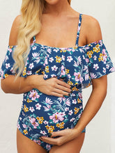 Ruffle Trim Ruched Maternity Swimsuit Off Shoulder Tankini Flower Printed Pregnancy Bathing Suit Sai Feel