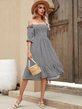 Ruffled Elastic Off-the-shoulder Long Skirt Plaid Dress Sai Feel