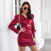 Satin bubble sleeve Pleated long sleeve dress Sai Feel