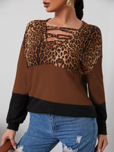 Sexy Criss Cross Leopard Color Block V Neck Sweatshirt Long Sleeve Tops Sai Feel
