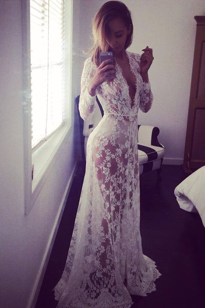 Sexy Deep V-Neck Long Sleeve Lace Maxi Dress Sai Feel