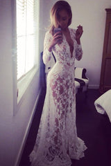 Sexy Deep V-Neck Long Sleeve Lace Maxi Dress Sai Feel