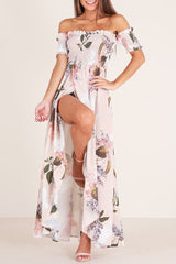 Short Sleeve Floor-Length Off Shoulder Pleated Expansion Women's Dress Sai Feel