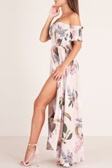 Short Sleeve Floor-Length Off Shoulder Pleated Expansion Women's Dress Sai Feel