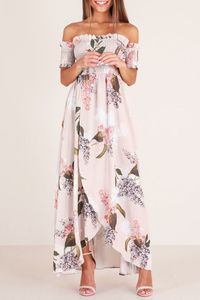 Short Sleeve Floor-Length Off Shoulder Pleated Expansion Women's Dress Sai Feel