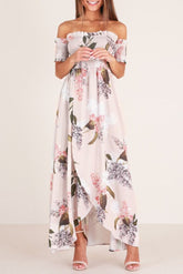 Short Sleeve Floor-Length Off Shoulder Pleated Expansion Women's Dress Sai Feel