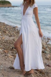 Short Sleeve Split Ankle-Length V-Neck Expansion Women's Dress Sai Feel