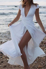 Short Sleeve Split Ankle-Length V-Neck Expansion Women's Dress Sai Feel