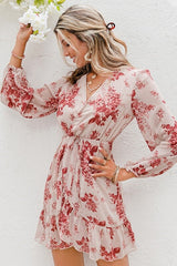 Simple Sexy Deep V-neck Print Dress Spring Long Sleeve Lace-up Women Dress Sai Feel