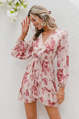 Simple Sexy Deep V-neck Print Dress Spring Long Sleeve Lace-up Women Dress Sai Feel