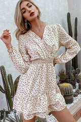 Simplee Long Sleeve V-Neck Polka Dot Print Dress Sai Feel