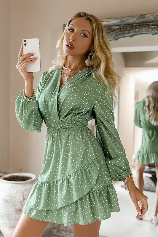 Simplee Long Sleeve V-Neck Polka Dot Print Dress Sai Feel