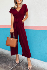 Solid Bandage V Neck Boot Cut Jumpsuits Sai Feel