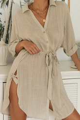 Solid Buckle Cross Straps POLO collar A Line Dresses Sai Feel