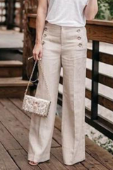 Solid Buckle Straight High Waist Wide Leg Solid Color Bottoms Sai Feel