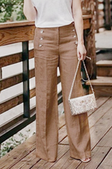 Solid Buckle Straight High Waist Wide Leg Solid Color Bottoms Sai Feel