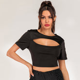 Solid Color Round Neck Short Crop T-shirt Sai Feel