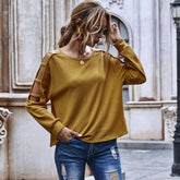 Solid Color Round Neck Wweater Hollow Long Sleeve Loose Casual Sexy Top Sai Feel