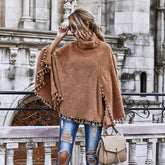 Solid Color Slim Fashion High Neck Fringed Hem Cape Long Sleeve Jacket Sai Feel