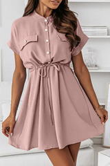 Solid Draw String Buckle O Neck A Line Dresses Sai Feel
