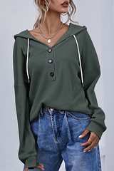 Solid Draw String Buttons Hooded Collar Tops Sai Feel