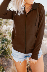 Solid Draw String Pocket Zipper Hooded Collar Tops Sai Feel