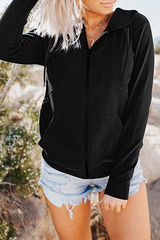 Solid Draw String Pocket Zipper Hooded Collar Tops Sai Feel