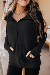 Solid Draw String Pocket Zipper Hooded Collar Tops Sai Feel