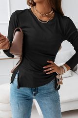 Solid Draw String Slit O Neck Tops£¨3 colors£© Sai Feel