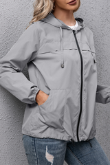 Solid Draw String Zipper Hooded Collar Outerwear Sai Feel