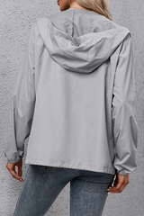 Solid Draw String Zipper Hooded Collar Outerwear Sai Feel