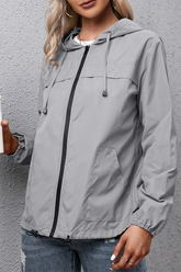 Solid Draw String Zipper Hooded Collar Outerwear Sai Feel