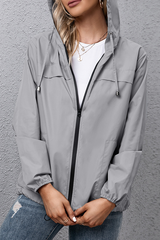 Solid Draw String Zipper Hooded Collar Outerwear Sai Feel