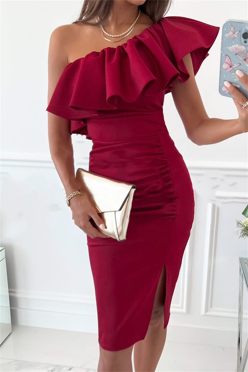 Solid Flounce One Shoulder Pencil Skirt Dresses(3 colors) Sai Feel