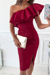 Solid Flounce One Shoulder Pencil Skirt Dresses(3 colors) Sai Feel